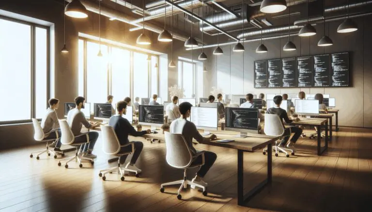 Sala de coworking moderna con programadores trabajando frente a pantallas y luz natural