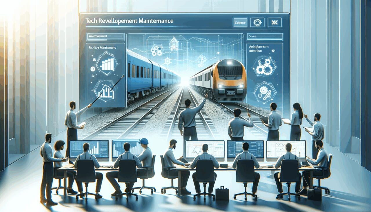 Equipo de desarrollo tecnológico trabajando con pantallas que muestran datos de mantenimiento ferroviario