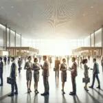 Empresarios y emprendedores interactuando en un moderno centro de convenciones