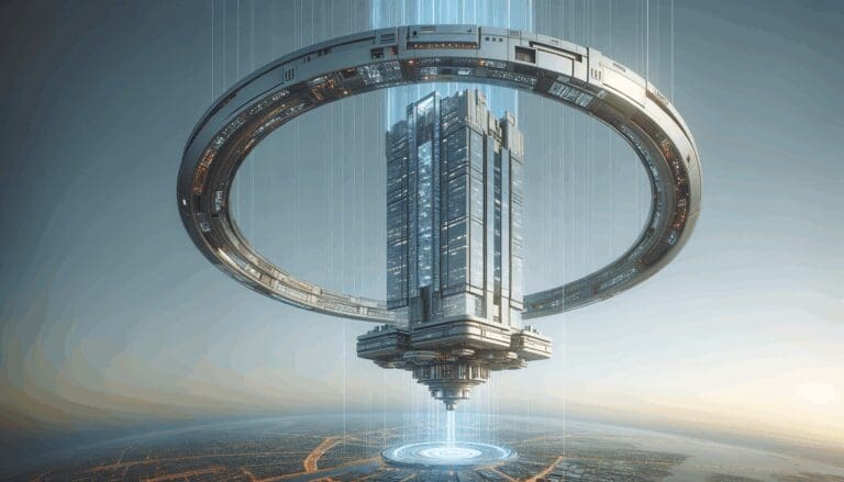 Representación futurista de un rascacielos suspendido en el cielo por una estructura espacial