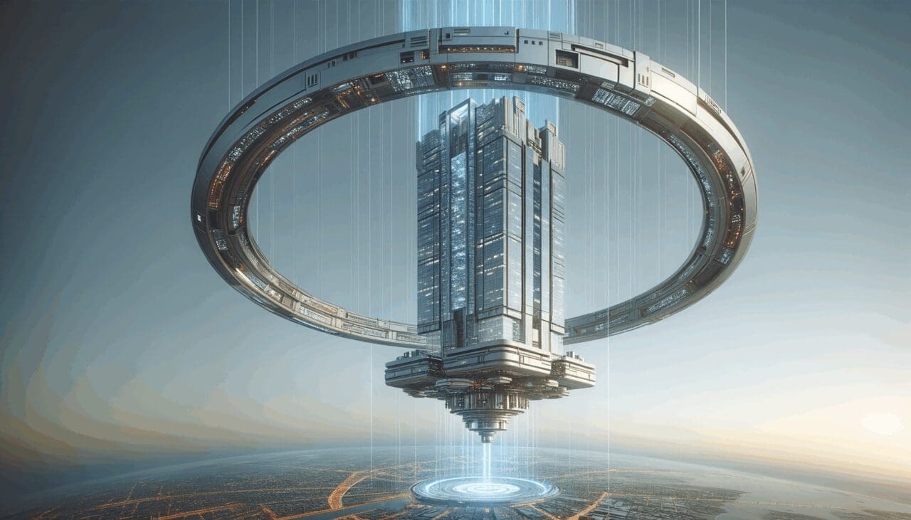 Representación futurista de un rascacielos suspendido en el cielo por una estructura espacial