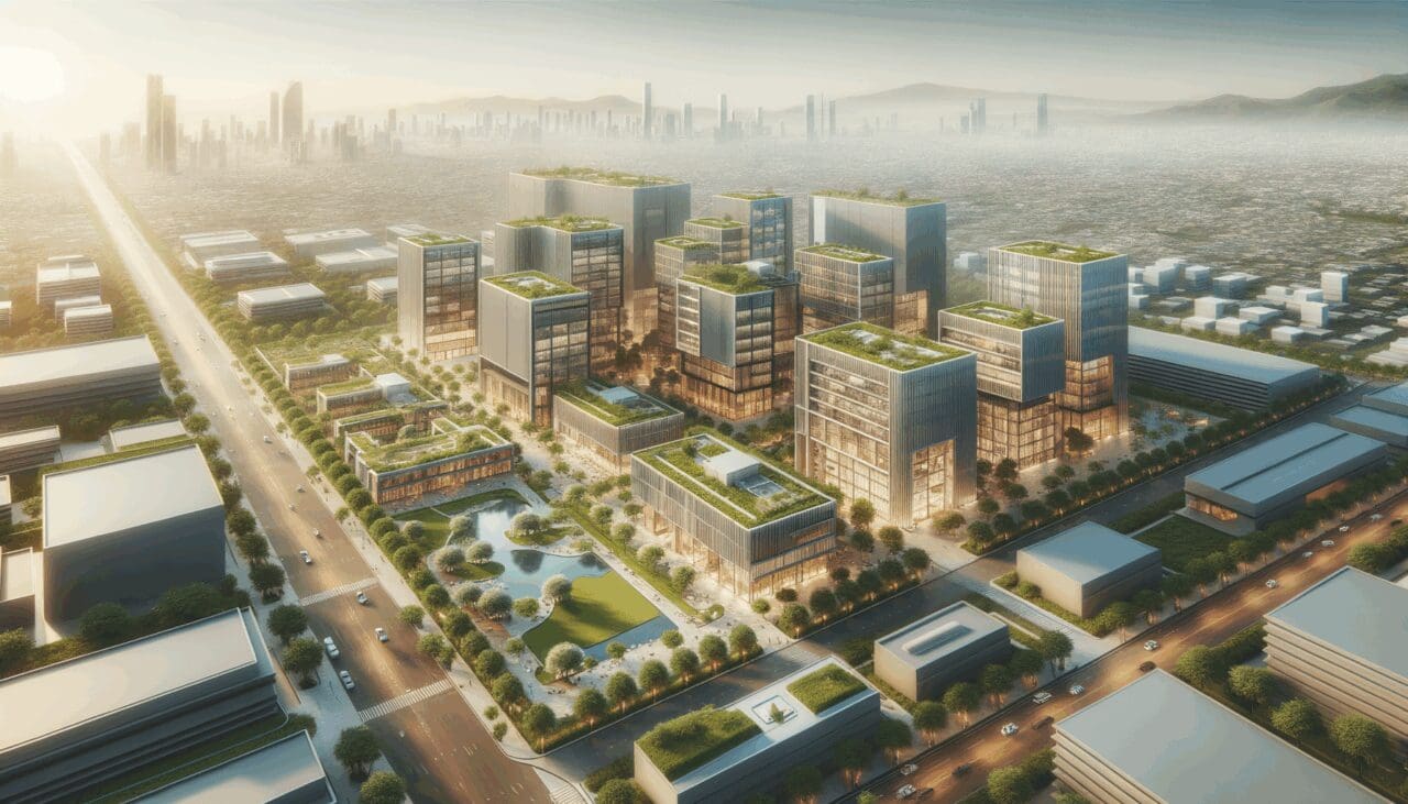 Vista aérea de un centro de innovación con oficinas modernas y zonas verdes