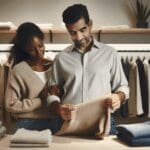 Padres revisando prendas de ropa en una tienda de segunda mano con un enfoque moderno y minimalista.