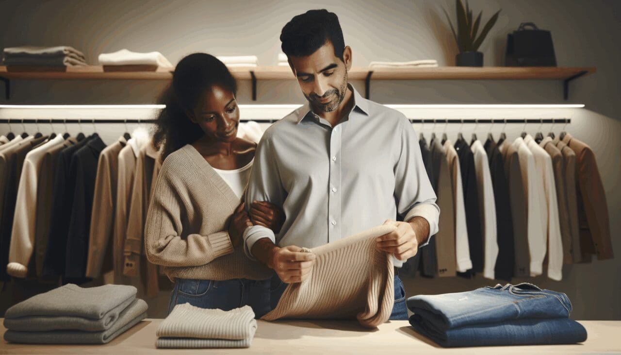 Padres revisando prendas de ropa en una tienda de segunda mano con un enfoque moderno y minimalista.
