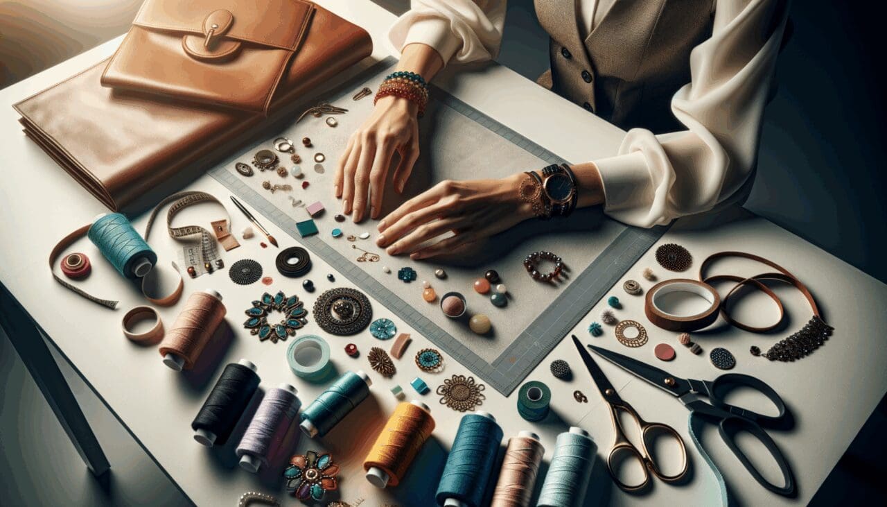 Primer plano de manos diseñando accesorios sobre una mesa con materiales coloridos