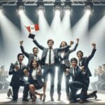 Emprendedores peruanos celebrando con luces de escenario en un evento de premiación
