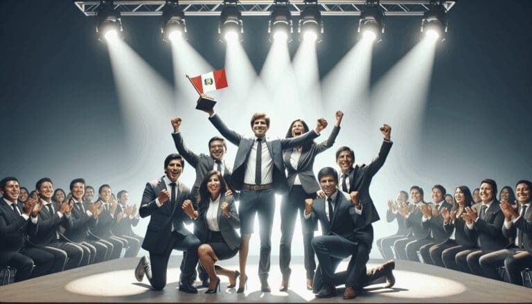 Emprendedores peruanos celebrando con luces de escenario en un evento de premiación
