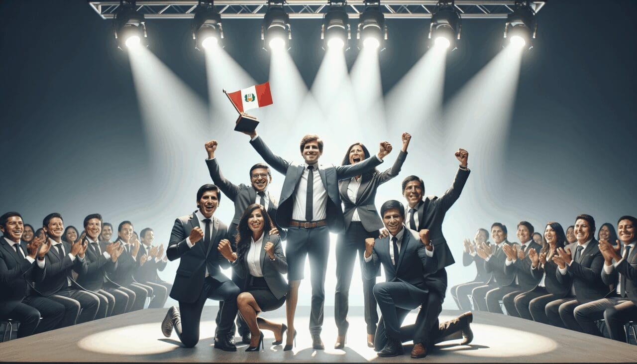 Emprendedores peruanos celebrando con luces de escenario en un evento de premiación