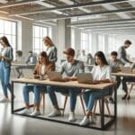 Oficinas modernas con equipos jóvenes trabajando en laptops sobre escritorios compartidos