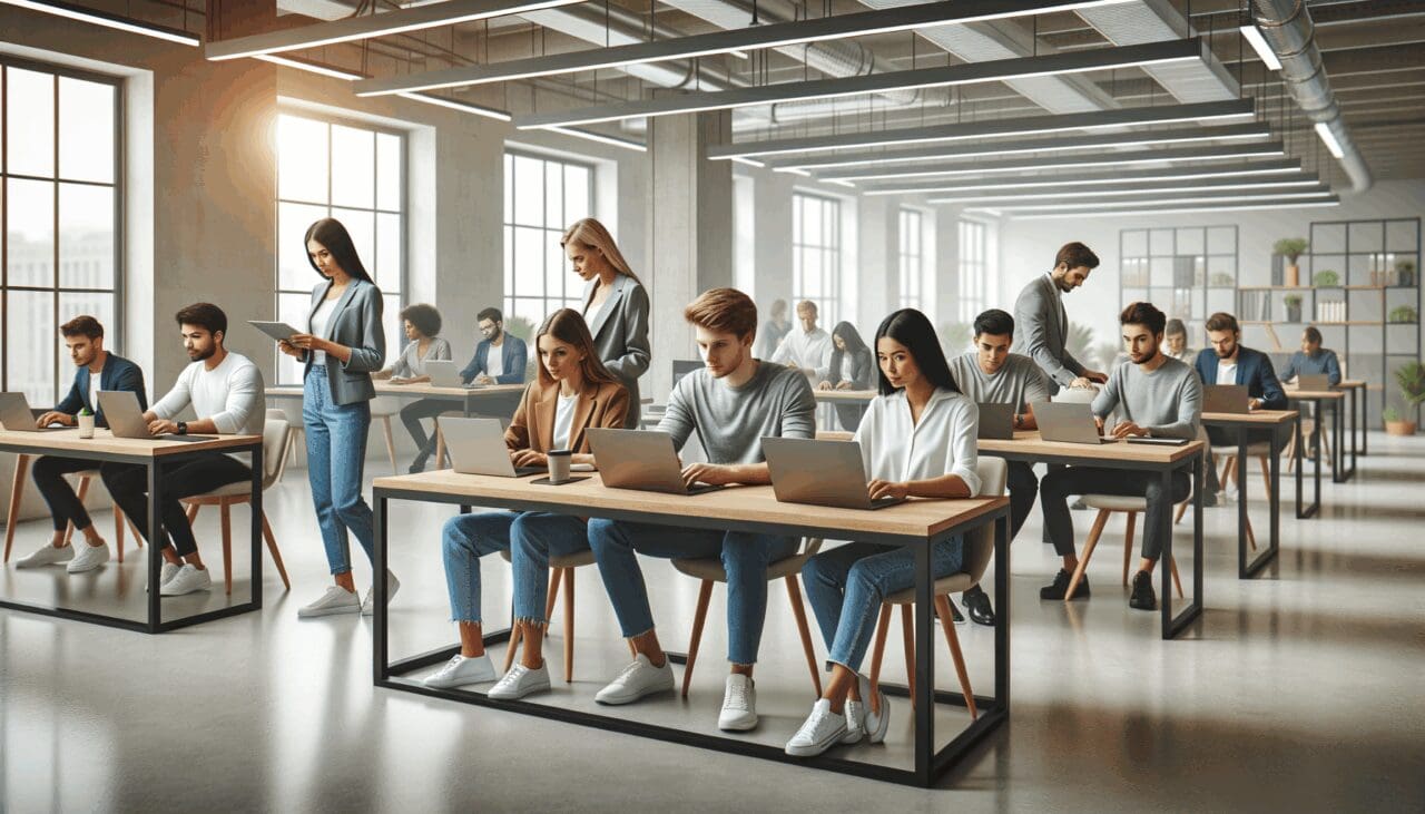 Oficinas modernas con equipos jóvenes trabajando en laptops sobre escritorios compartidos