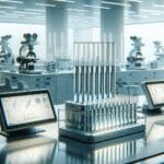 Primer plano de laboratorio con tubos de ensayo y equipos de biotecnología en uso