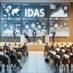 Emprendedores presentando ideas en un auditorio moderno con pantallas digitales