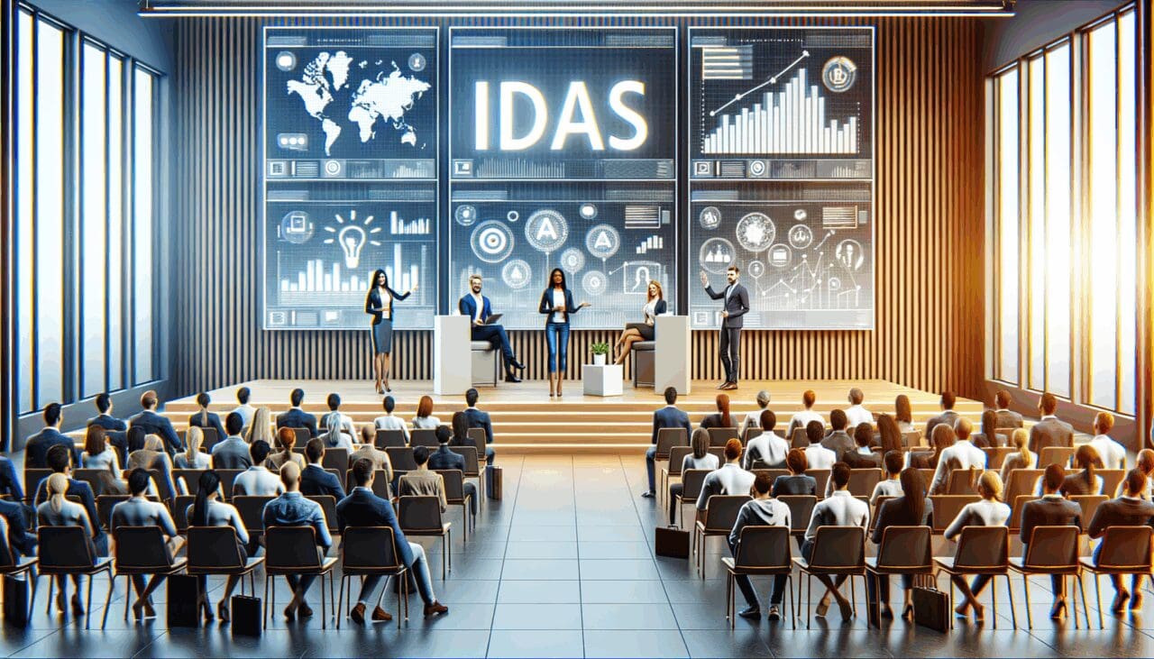 Emprendedores presentando ideas en un auditorio moderno con pantallas digitales