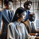 Equipo de trabajo analizando datos en múltiples pantallas en una oficina moderna