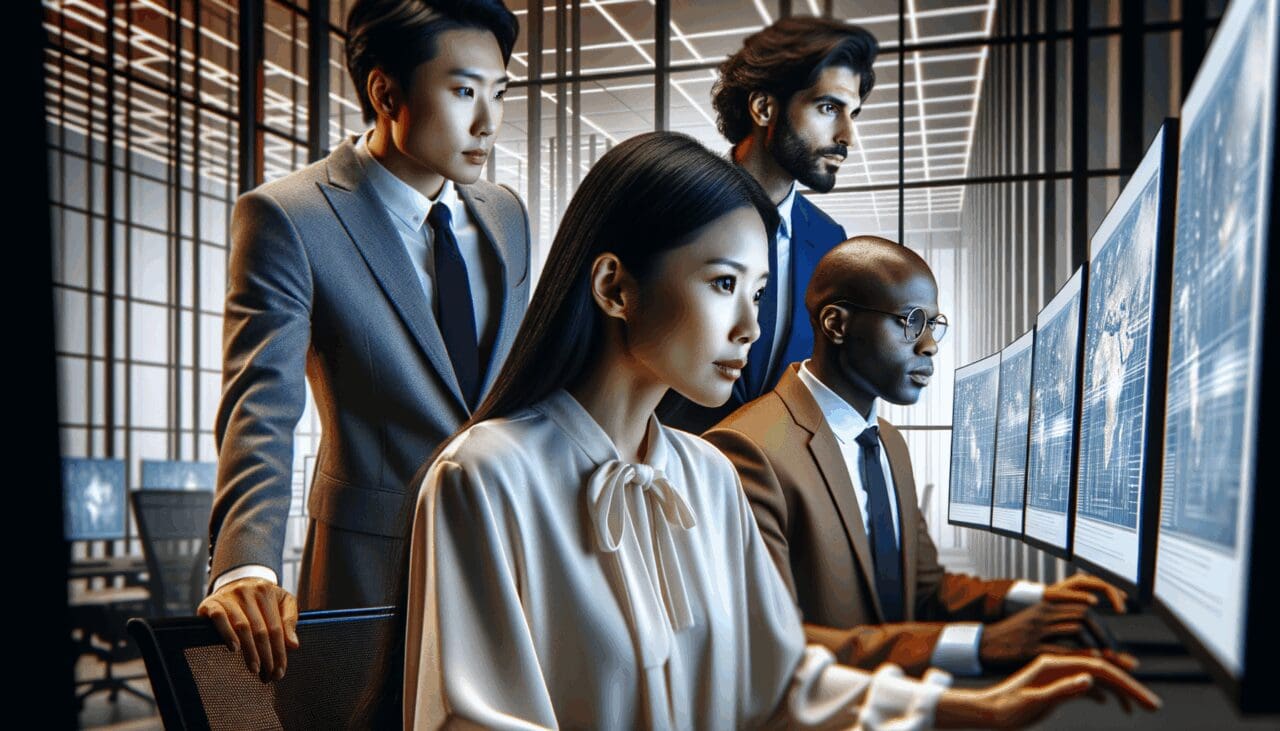 Equipo de trabajo analizando datos en múltiples pantallas en una oficina moderna