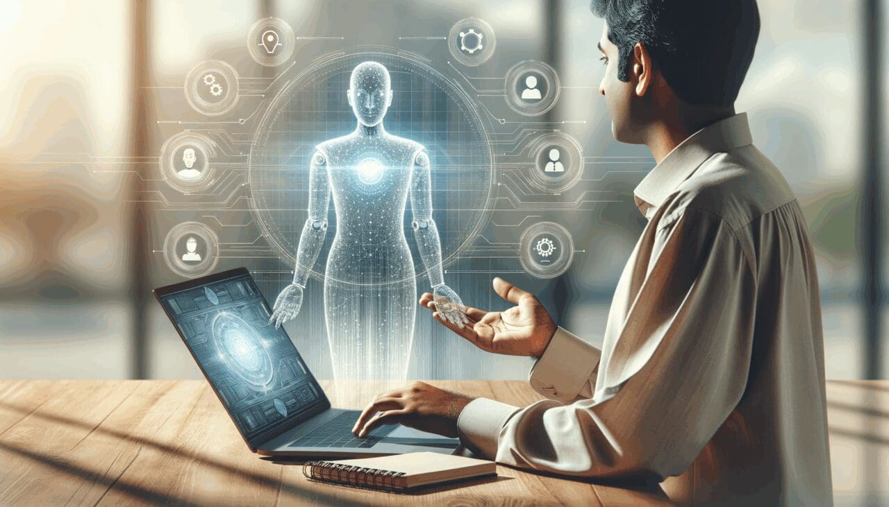 Persona interactuando con una interfaz de inteligencia artificial en una laptop sobre fondo claro