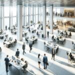 Vista aérea de una oficina moderna con empleados colaborando en un espacio abierto