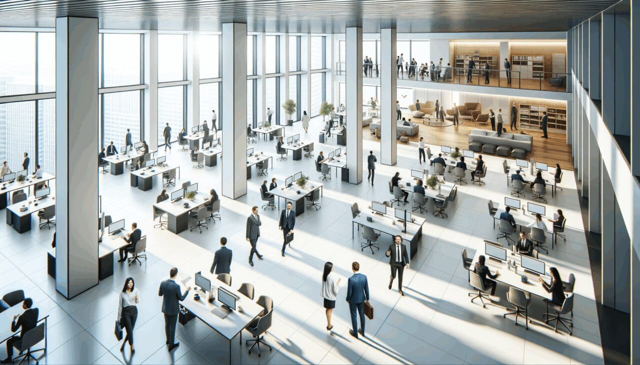 Vista aérea de una oficina moderna con empleados colaborando en un espacio abierto