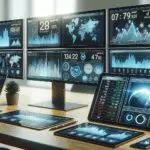 Pantallas financieras digitales con gráficos en tiempo real y cifras económicas