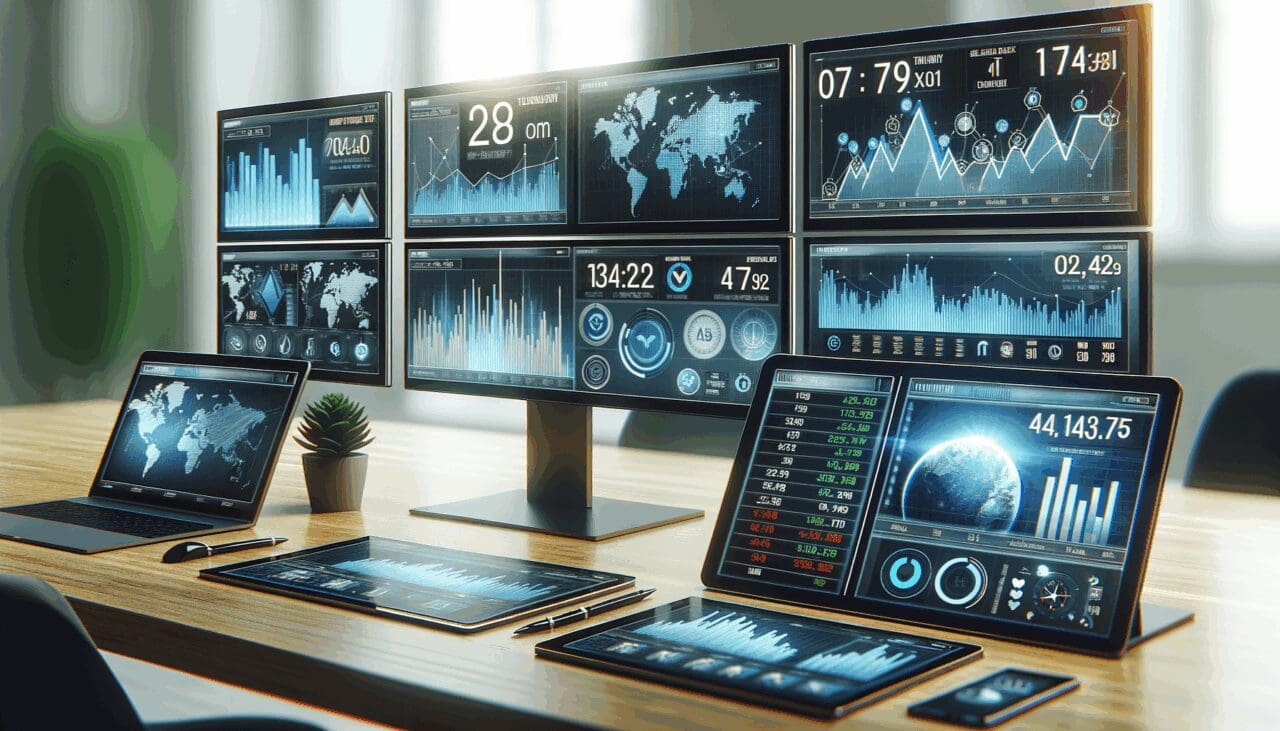 Pantallas financieras digitales con gráficos en tiempo real y cifras económicas