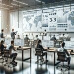 Oficina moderna con emprendedores trabajando frente a pantallas con gráficos y datos