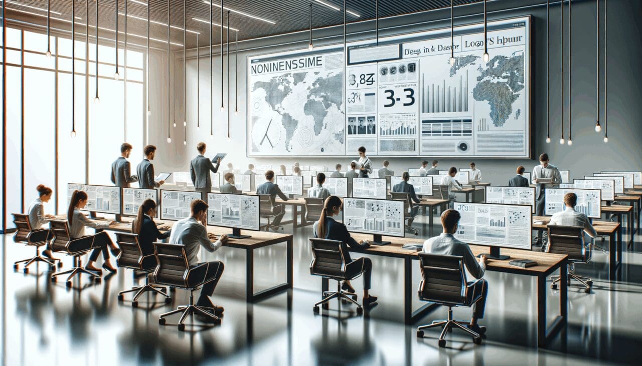 Oficina moderna con emprendedores trabajando frente a pantallas con gráficos y datos