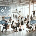 Espacio de oficina moderno con emprendedores colaborando frente a pantallas digitales