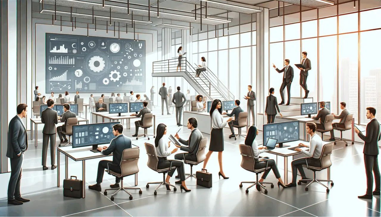 Espacio de oficina moderno con emprendedores colaborando frente a pantallas digitales