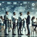 Emprendedores conversando en un evento tecnológico con pantallas digitales de fondo