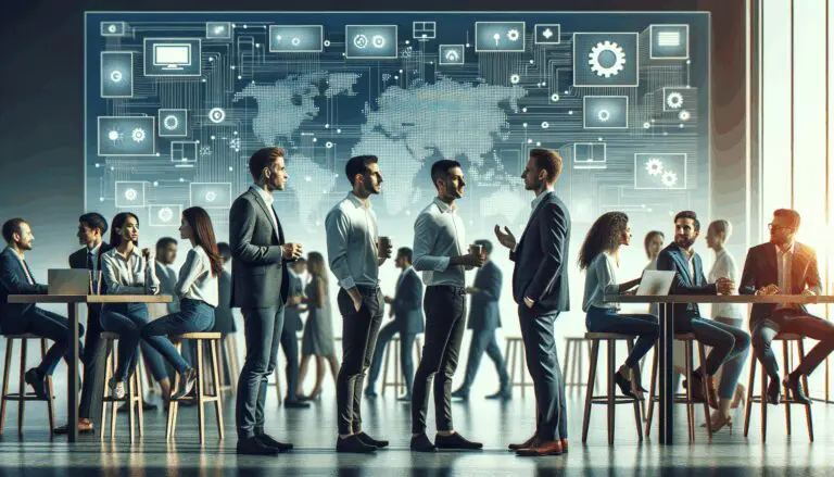 Emprendedores conversando en un evento tecnológico con pantallas digitales de fondo