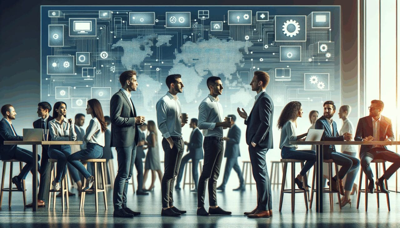 Emprendedores conversando en un evento tecnológico con pantallas digitales de fondo