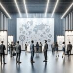 Espacio de exhibición con emprendedores presentando soluciones tecnológicas