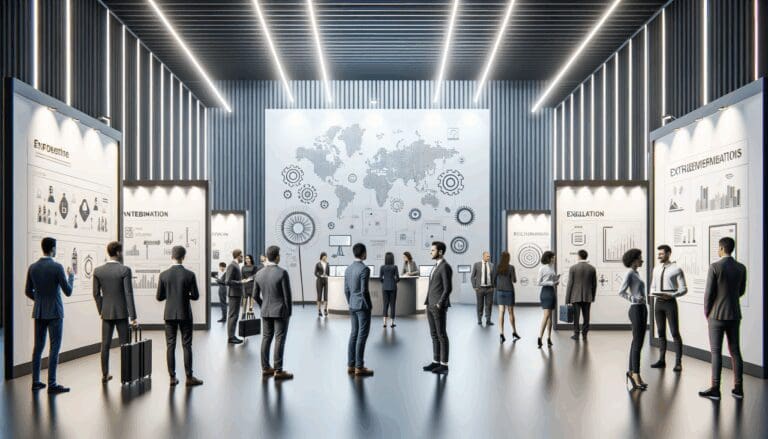 Espacio de exhibición con emprendedores presentando soluciones tecnológicas