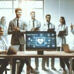 Equipo de desarrolladores en un laboratorio tecnológico de salud digital