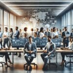 Equipo de emprendedores trabajando en una oficina moderna con pantallas y prototipos tecnológicos