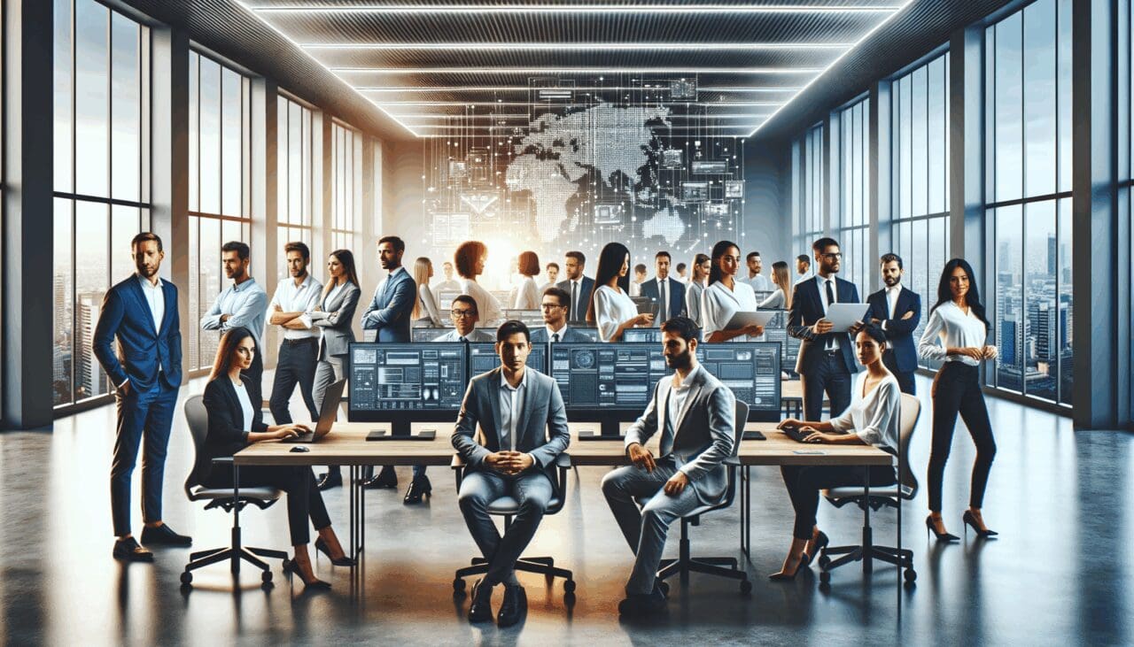 Equipo de emprendedores trabajando en una oficina moderna con pantallas y prototipos tecnológicos