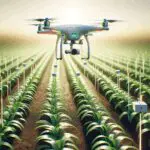 Plano medio de un dron sobrevolando cultivos con sensores instalados en el terreno
