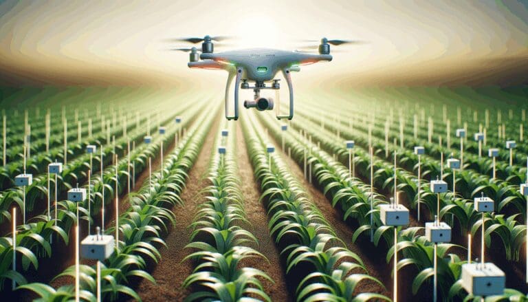 Plano medio de un dron sobrevolando cultivos con sensores instalados en el terreno