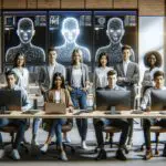 Equipo joven trabajando en una oficina moderna con pantallas que muestran gráficos de IA