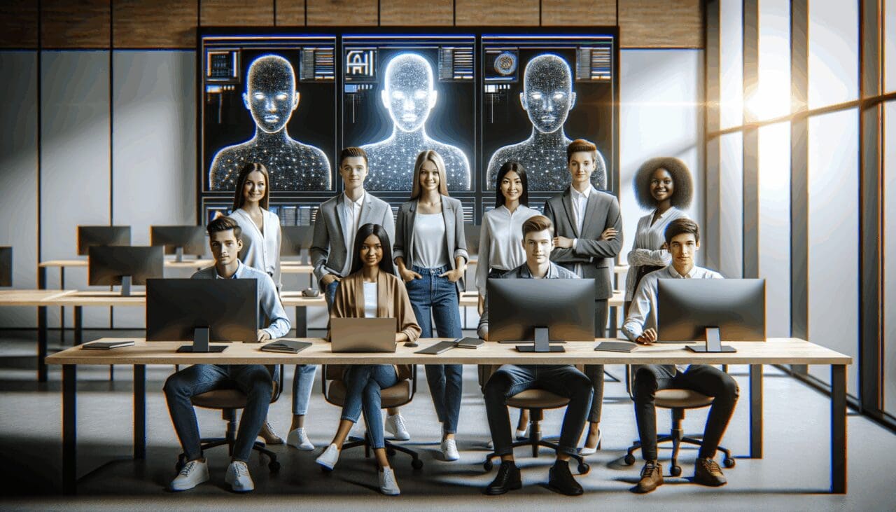 Equipo joven trabajando en una oficina moderna con pantallas que muestran gráficos de IA