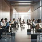 Interior de una oficina moderna con equipo multicultural trabajando en laptops