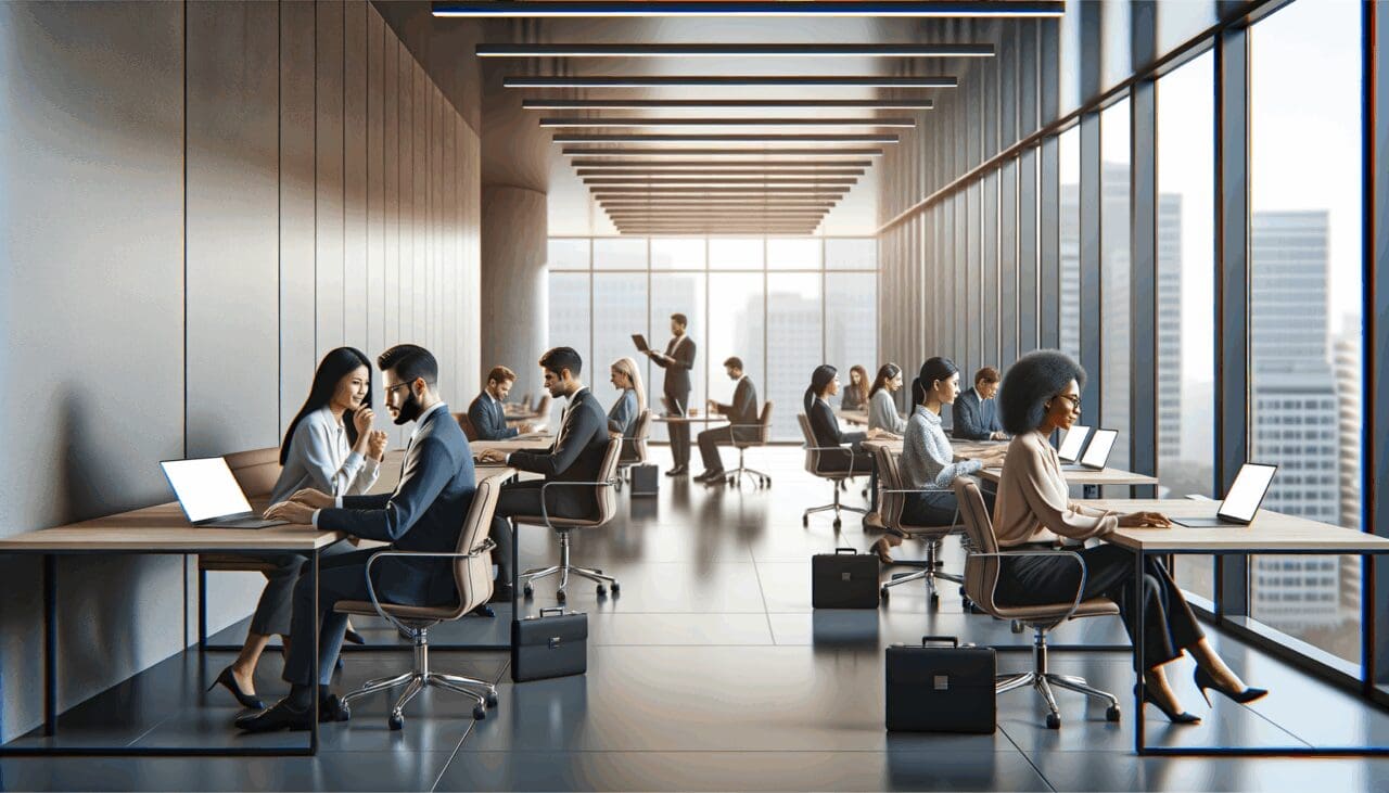 Interior de una oficina moderna con equipo multicultural trabajando en laptops