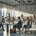 Interior moderno de una aceleradora de startups con emprendedores trabajando