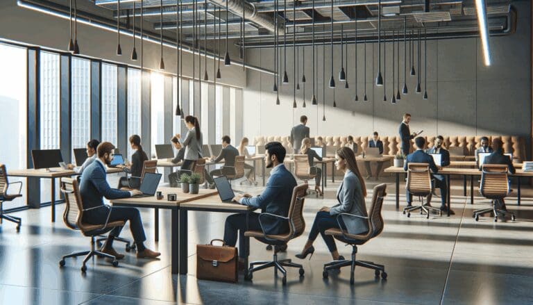 Interior moderno de una aceleradora de startups con emprendedores trabajando