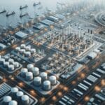 Vista aérea de un puerto industrial moderno con infraestructura tecnológica visible