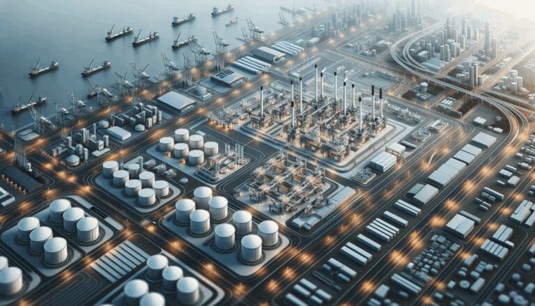 Vista aérea de un puerto industrial moderno con infraestructura tecnológica visible