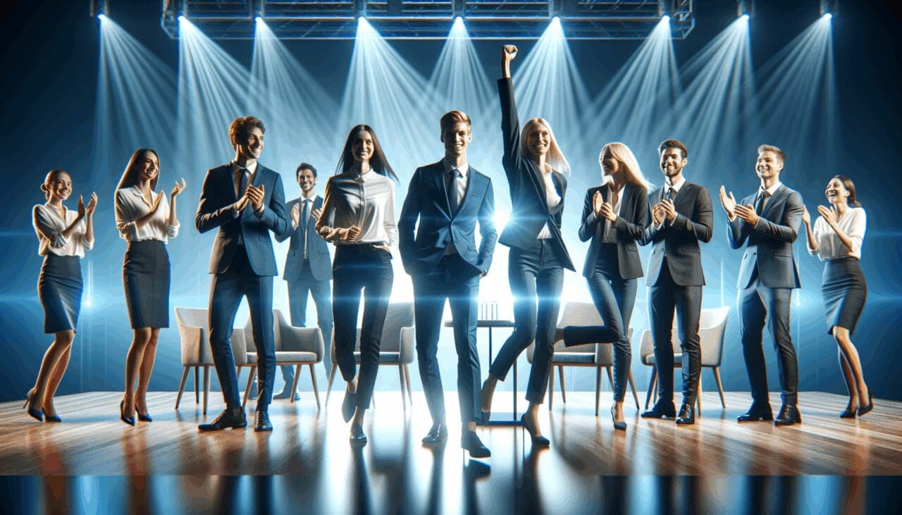 Grupo de emprendedores celebrando en un escenario moderno con iluminación azul