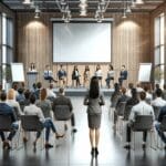 Escenario de conferencia con emprendedores presentando frente a un público en un entorno moderno