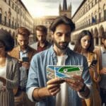 Grupo de personas jóvenes usando una app de navegación en una ciudad histórica