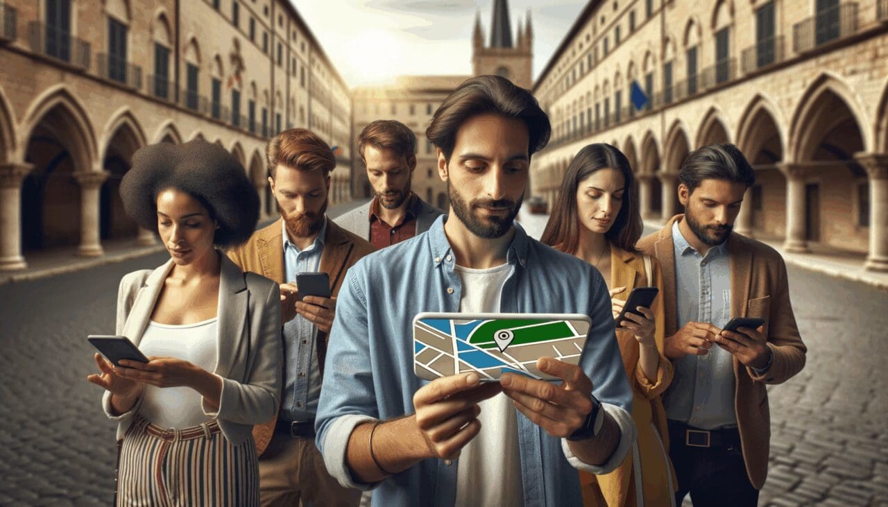 Grupo de personas jóvenes usando una app de navegación en una ciudad histórica